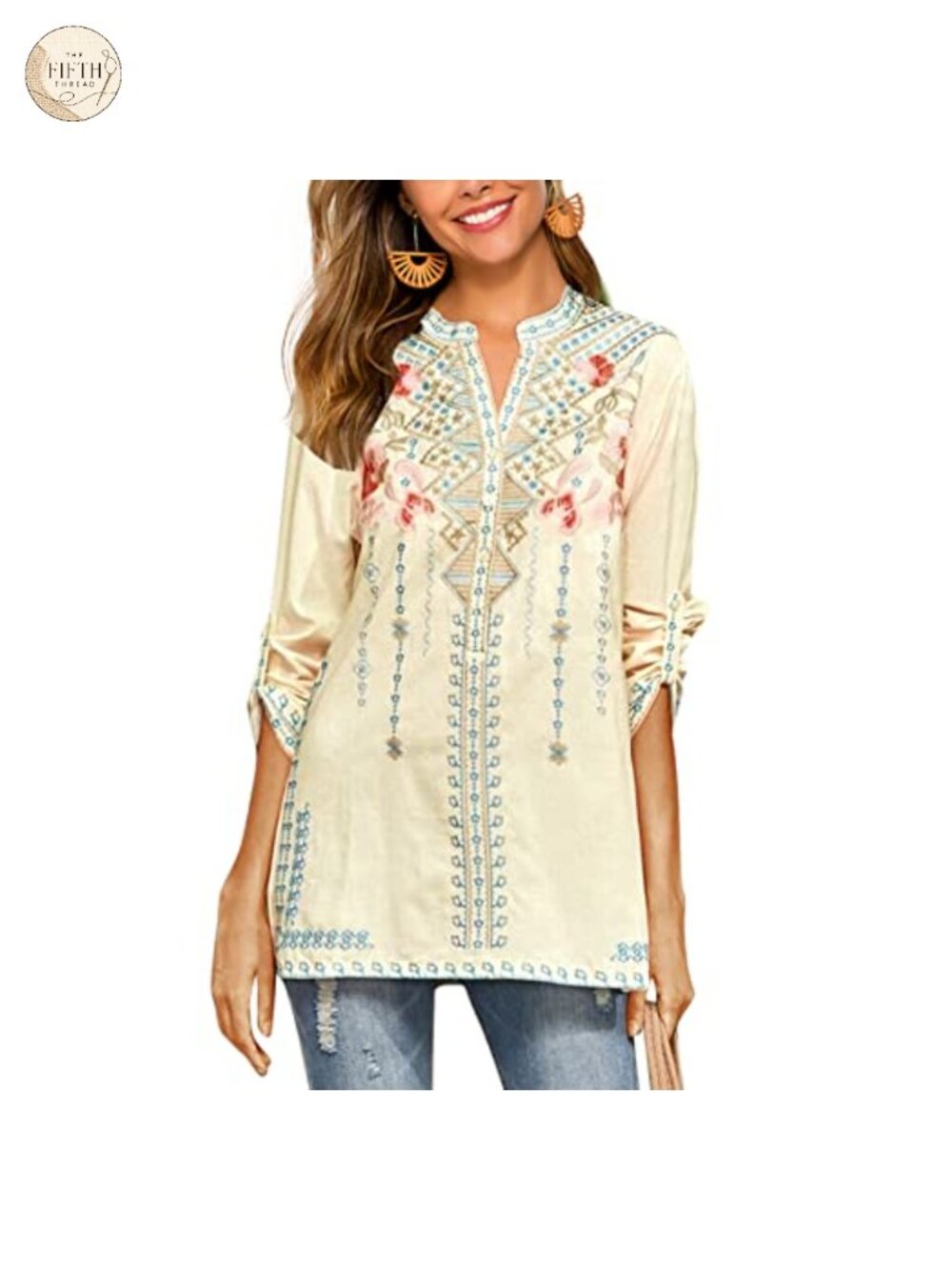 Women's Embroidered Peasant Tunic Blouse Cotton-Rayon V-Neck Loose Fit